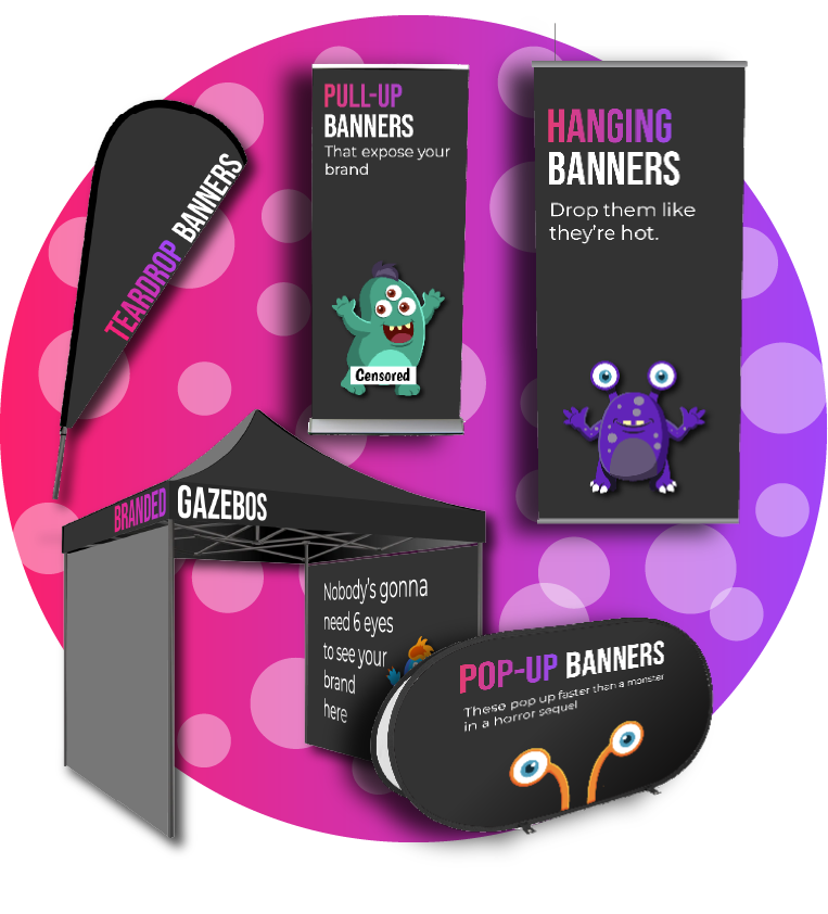 An assortment of Brand Monster products on a circular, colorful background. the products include a teardrop banner, pull-up banner, hanging banner, gazebo and a pop-up banner.