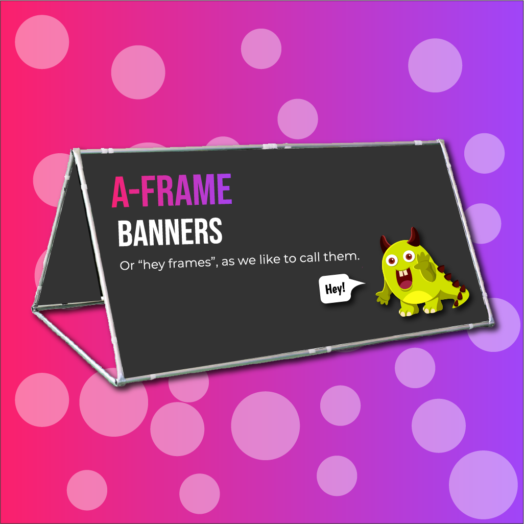 An A-frame banner on a colorful gradient background. Produced by Brand Monster