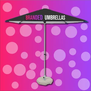 A parasol with a concrete base on a colourful gradient background. Printed by Brand Monster