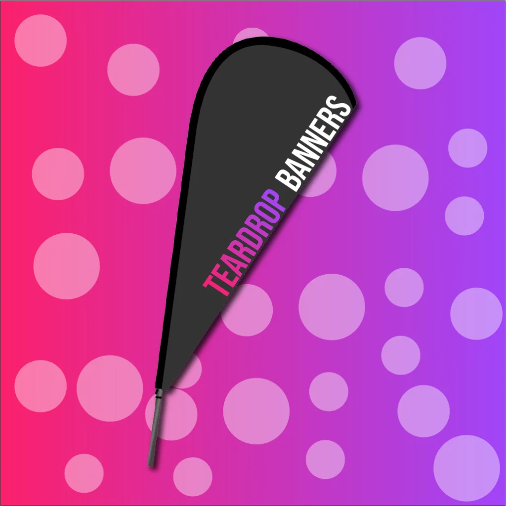 A teardrop banner on a colourful gradient background. Printed by Brand Monster