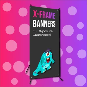 An X-banner on a colourful gradient background. Printed by Brand Monster