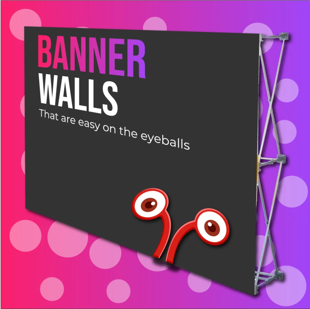A straight banner wall with a colourful gradient background. Printed by Brand Monster