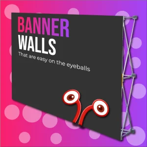 A straight banner wall with a colourful gradient background. Printed by Brand Monster