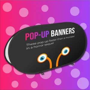 A pop-up banner placed on a colourful gradient background. Printed by Brand Monster