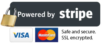 A trust badge displaying the Stripe logo along with Visa and Mastercard. It also displays the words "Safe and secure. SSL encrypted".