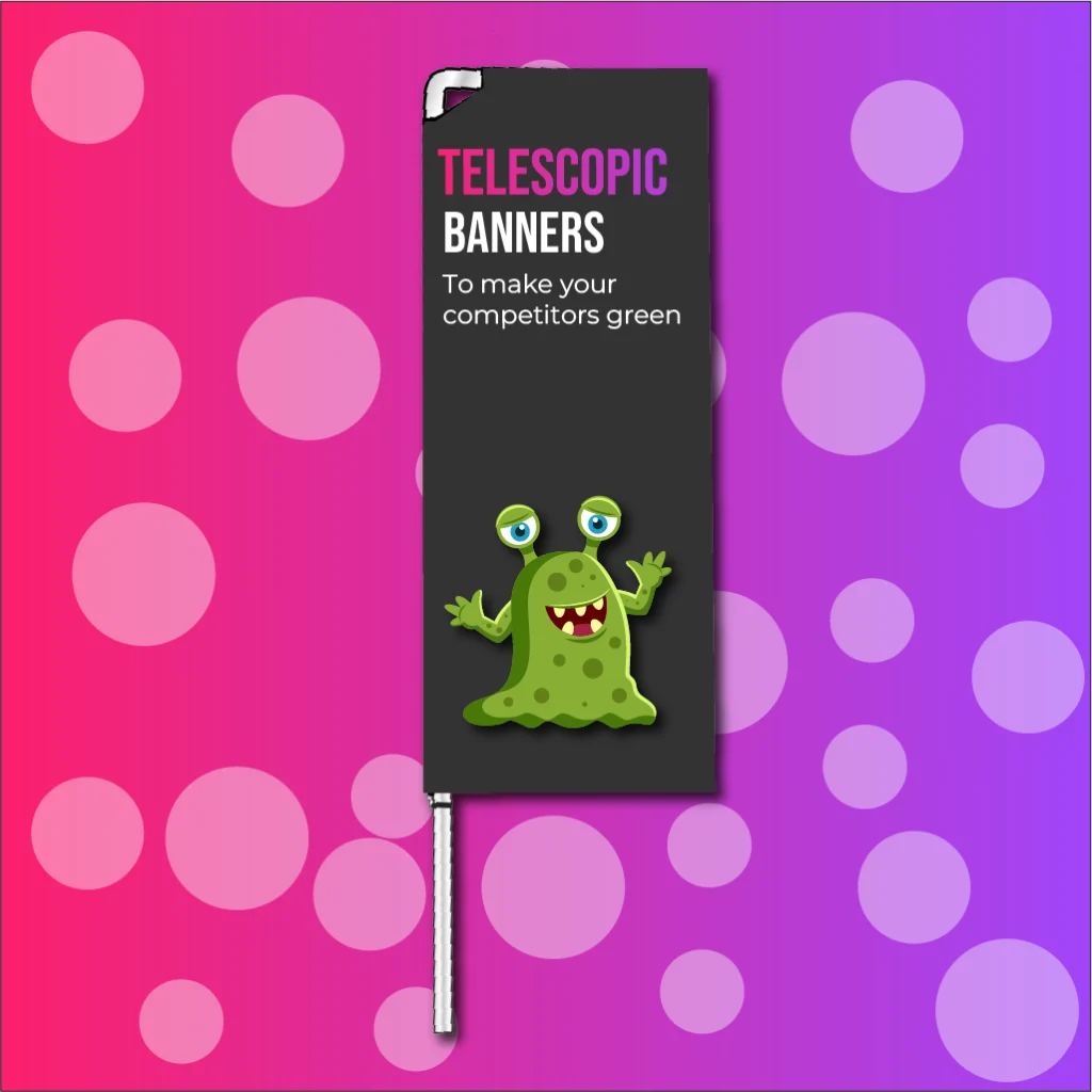 A telescopic banner on a colourful gradient background. Printed by Brand Monster.