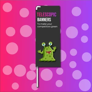 A telescopic banner on a colourful gradient background. Printed by Brand Monster.