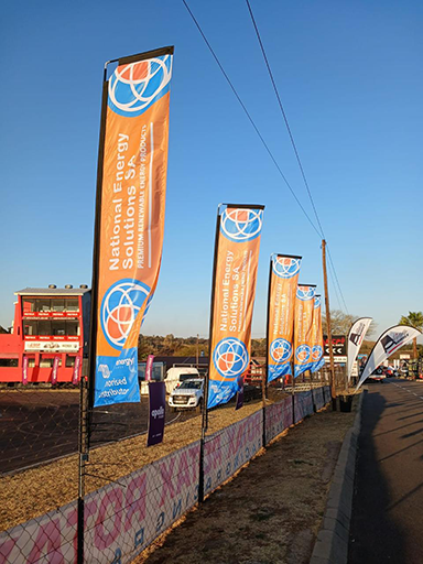 A row of telescopic banners printed for Victron Energy at an outdoor event